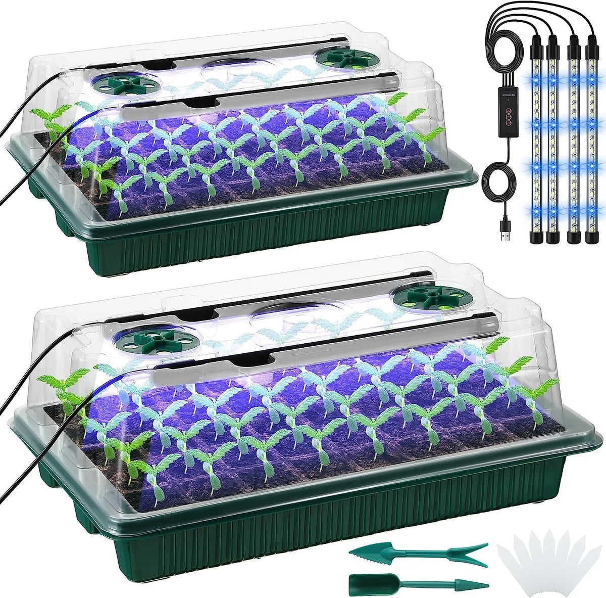 High Dome Seed Starter Trays with LED Grow Lights - 80 Cells, Smart Timer, Garden Tools for Household Gardening