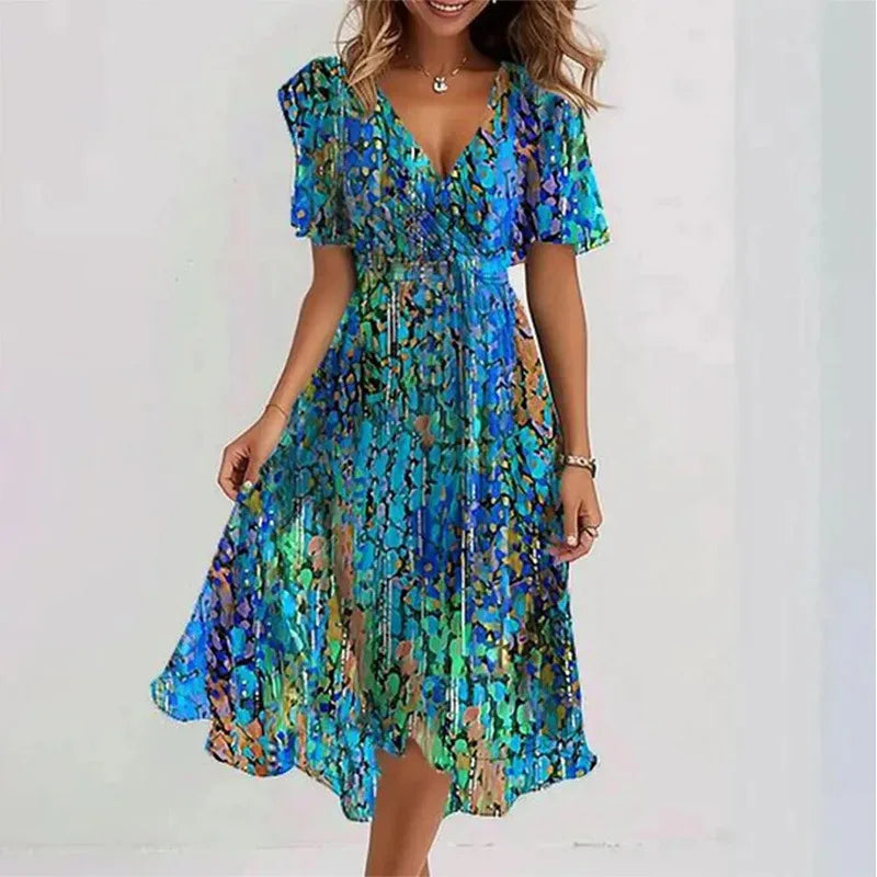 Deep Sexy V-neck Print Women's Summer Dresses - Elegant Swing Party Office Wear
