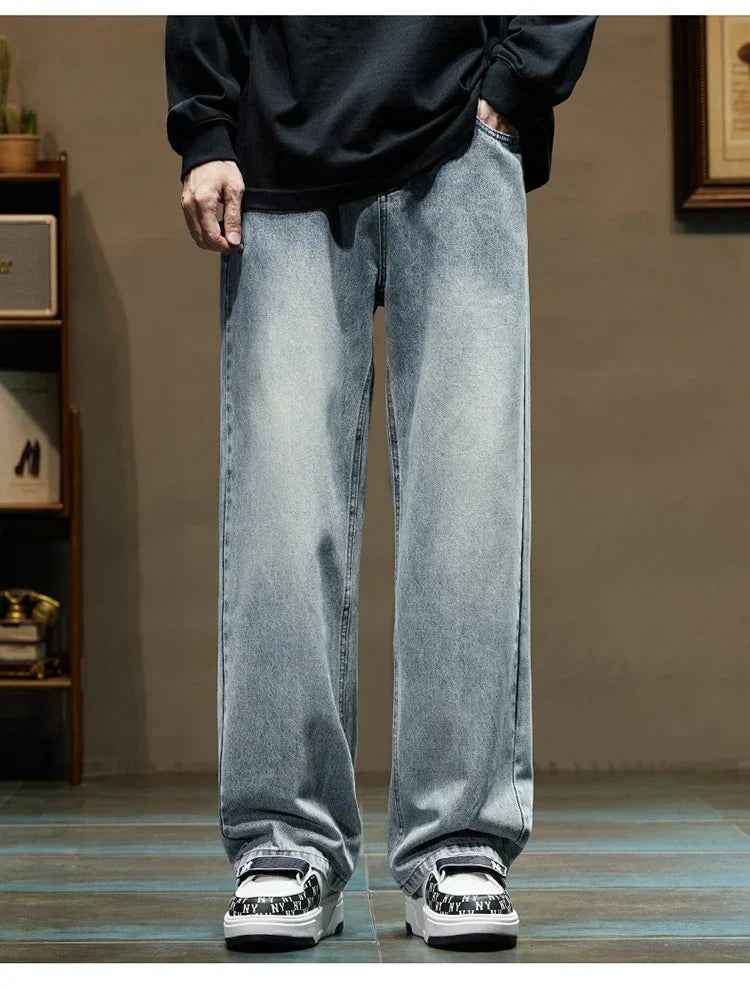 Men's Stretchy Jeans - Baggy Straight Flare, Denim Casual