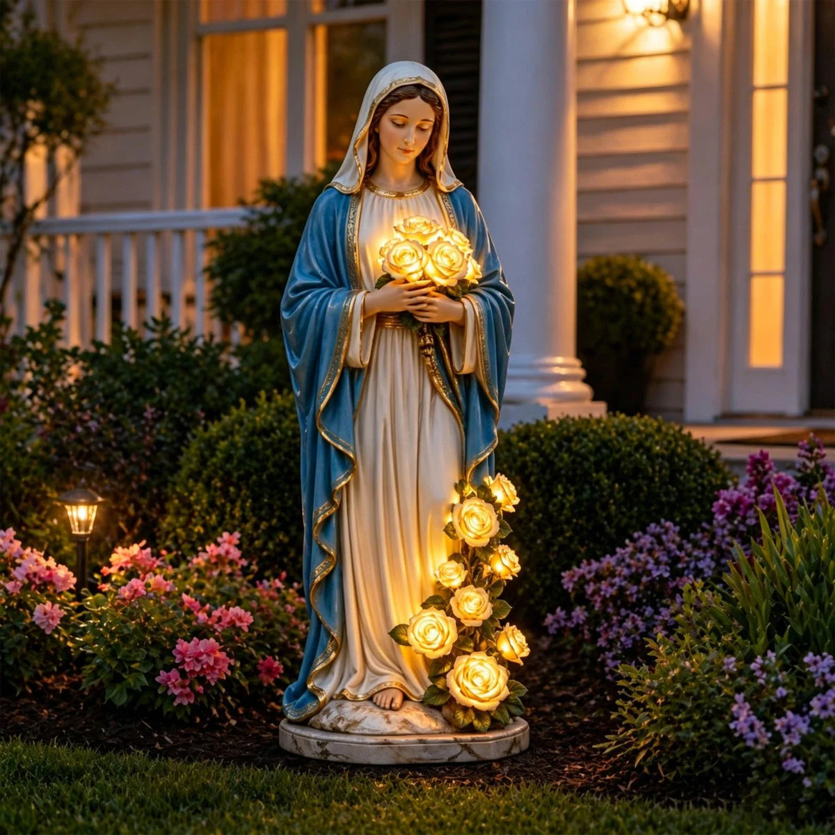 Mary Virgin Statue 7.87 Inch Outdoor Resin Garden Decor With Lighting Roses Religious Figurine Mother's Day Gift