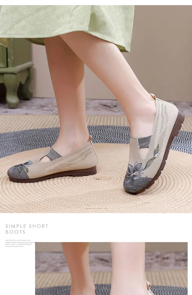 Women’s Breathable Flats - Slip-On Mesh, Embroidered