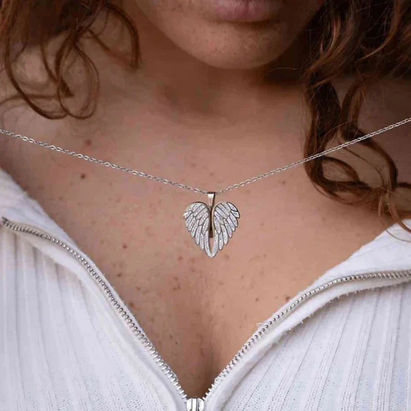 angel wings, zircon stone, metal chain, gift idea – Timeless couples' heart pendant necklace