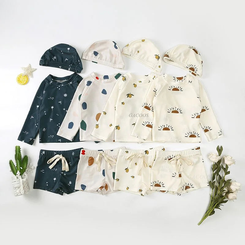 Long-Sleeve Rash Guard Top, Shorts, Polyester, Summer Beachwear – Fast-dry Unisex Baby Swimwear 2-Piece Kit