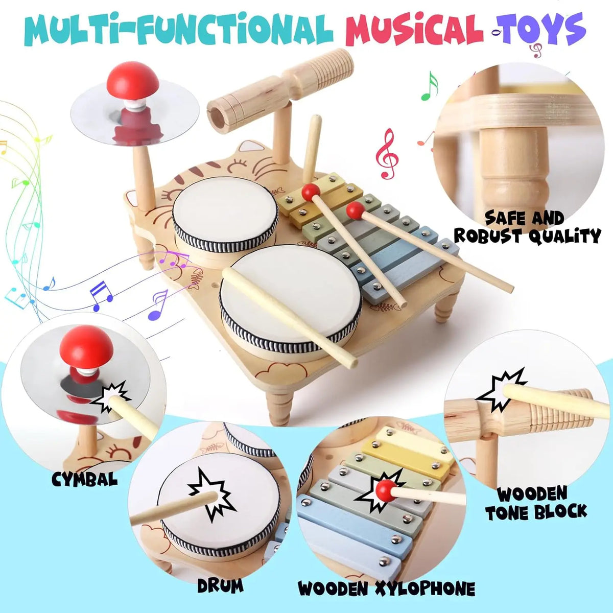 Wooden Xylophone Drum Kit For Toddlers Montessori Musical Toy