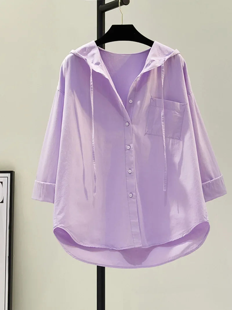 White Women's Blouse in Soft Cotton with Hood, Casual Relaxed Fit for Everyday Comfort and Style-3