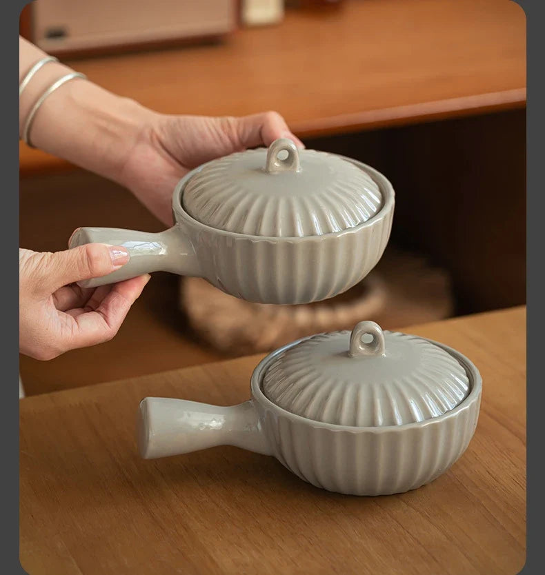 Single Ceramic Handle Bowl With Lid Japanese Style