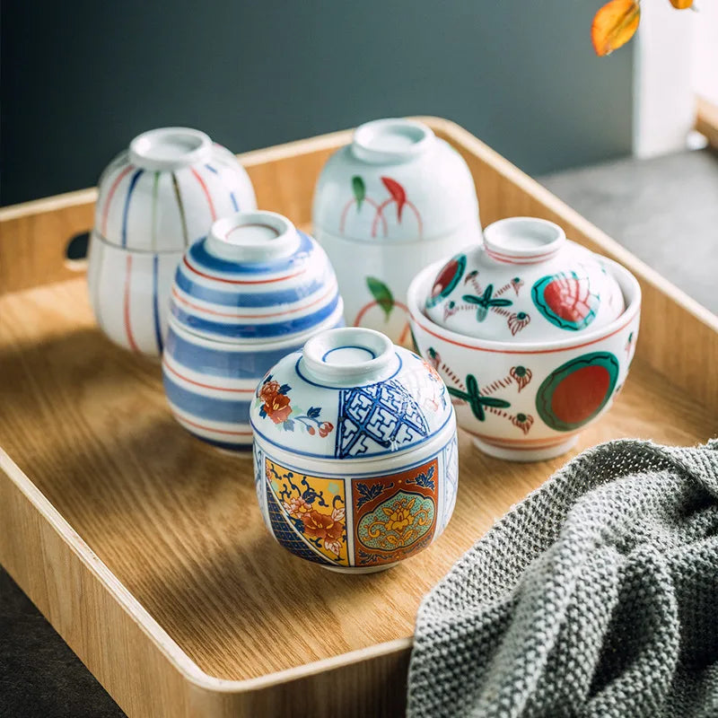 Hand Painted Japanese Ceramic Lidded Dessert Bowls Kit