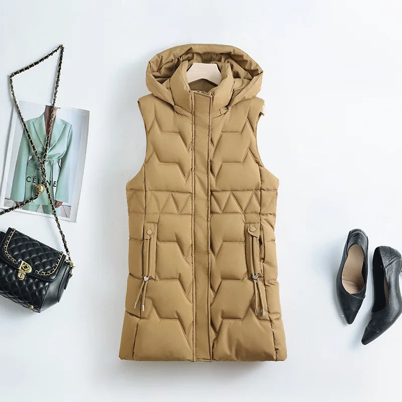 Light Cozy Women Long Puffer Vest - Hooded Down