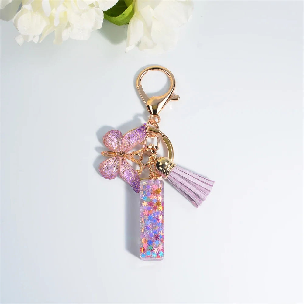 Letter Sequin Keychain With Butterfly Tassel Charm