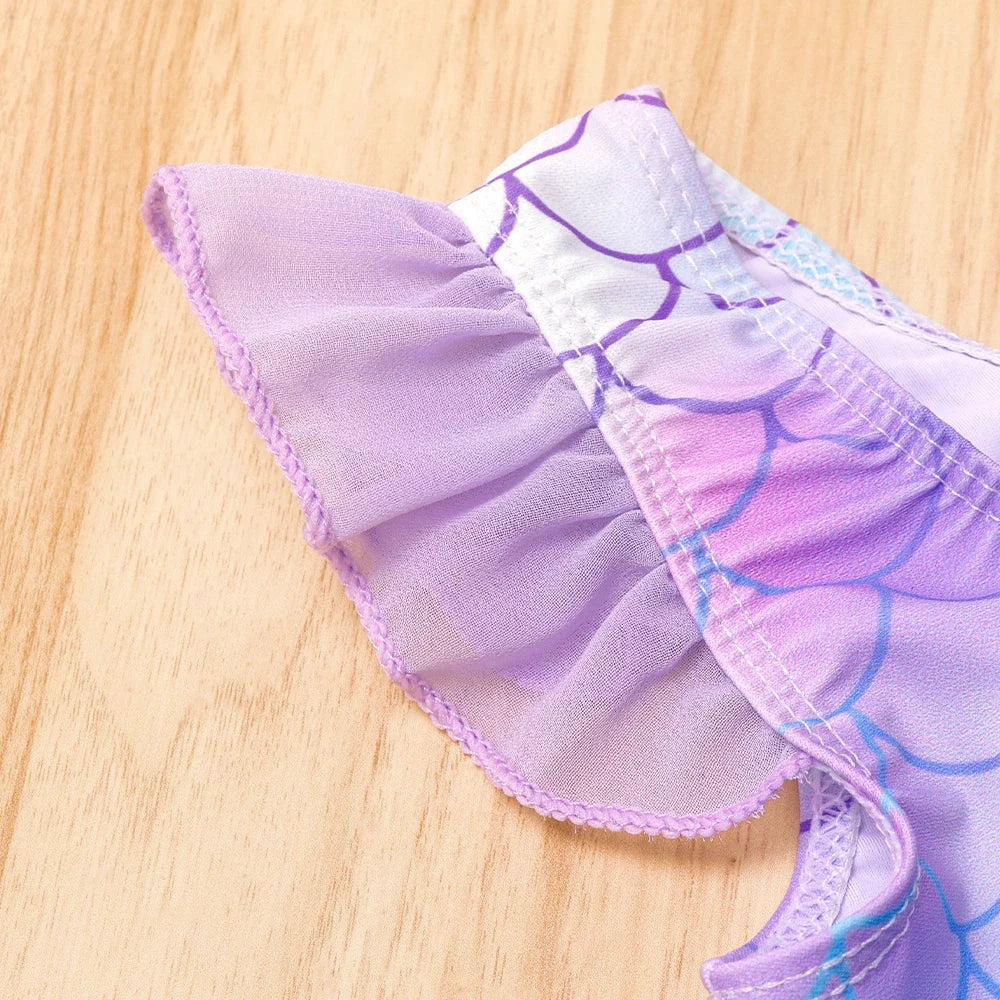 Mermaid-Scale Print, Ruffle Sleeves, Tulle, Polyester Elastane, Beach – Fast-Dry Sturdy Girls' One-Piece Swimsuit