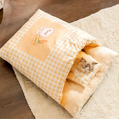 Bed Cat Plush Cave Sleeping Bag Pet Nest Winter 2025 Detachable Pillow Cozy Deep Sleep House