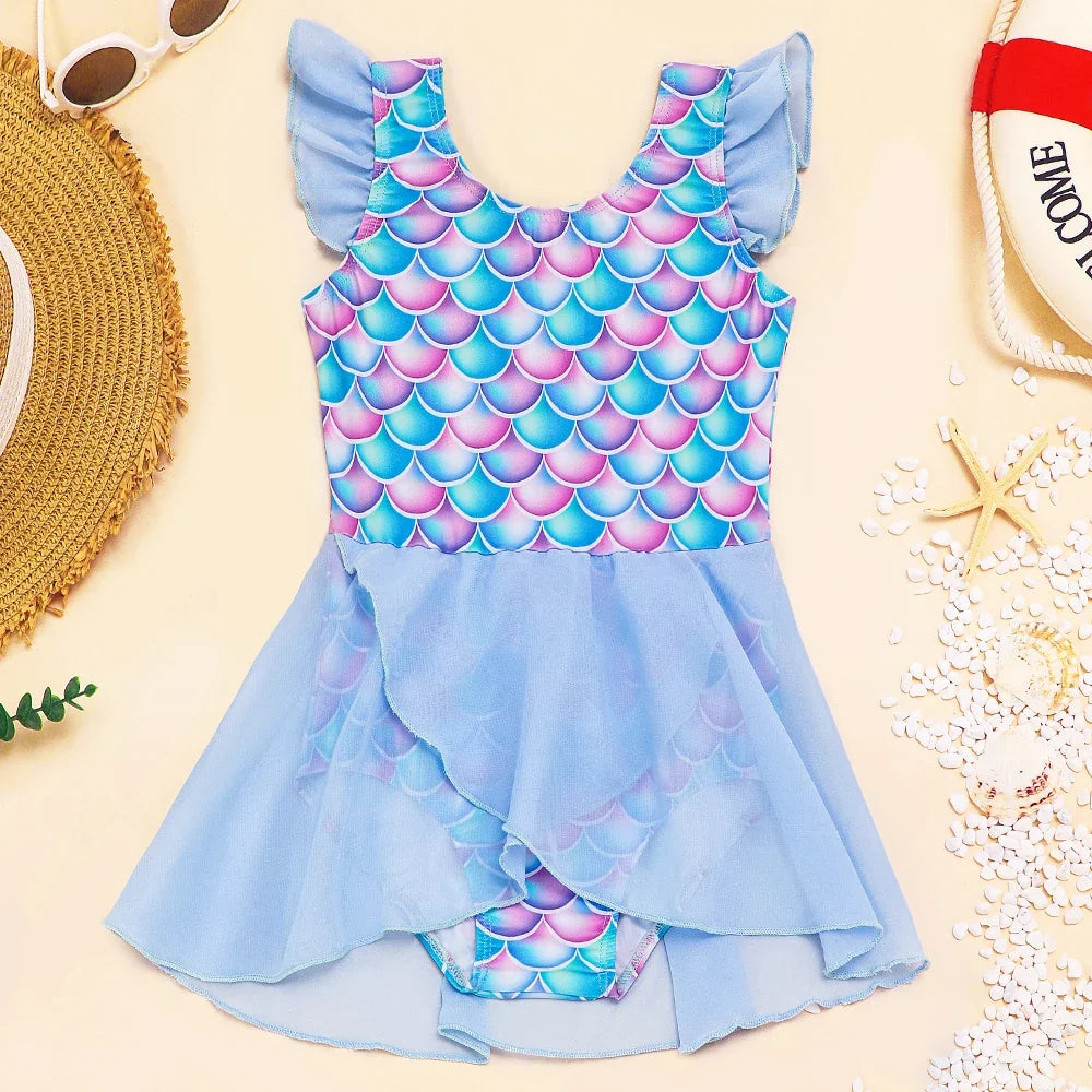 Mermaid-Scale Print, Ruffle Sleeves, Tulle, Polyester Elastane, Beach – Fast-Dry Sturdy Girls' One-Piece Swimsuit