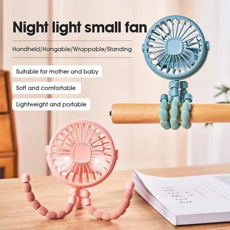Travel-Friendly Oscillating Pram Fan Mini Hand-Held Baby Fan USB Operated Clip-on Flexible Tripod for Car Seat Use