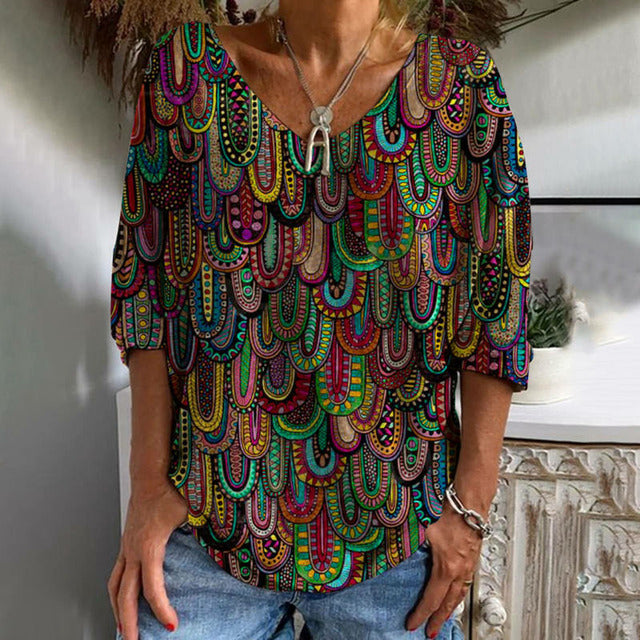 Casual Women's V-Neck T-Shirt with Abstract Print, Cotton-Polyester Blend, Perfect for Spring and Summer - Available in Various Sizes-1
