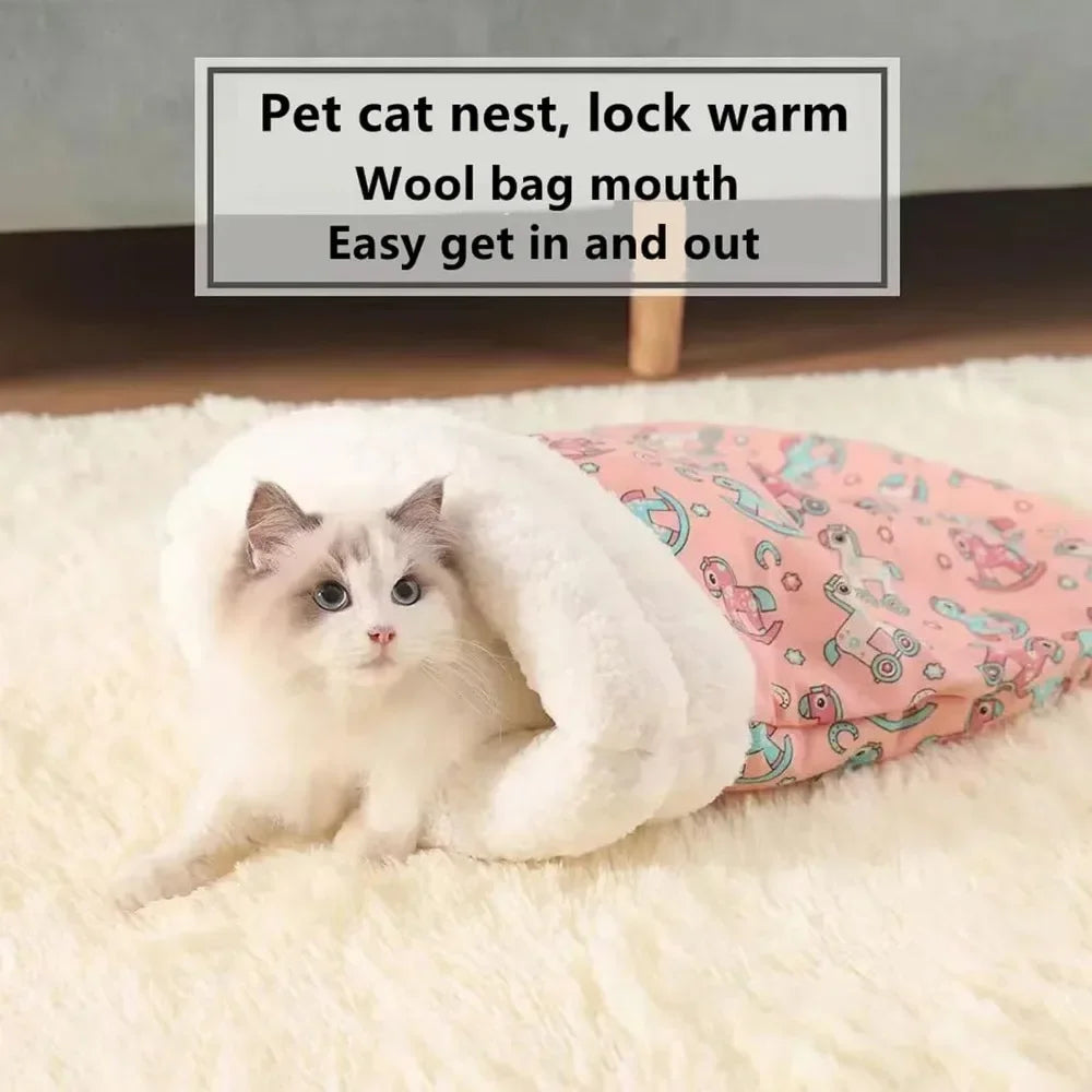 Self Warming Cat Bed - Plush Cat Sleeping Bag for Indoor Cats, Cozy Nest for Compact Pets