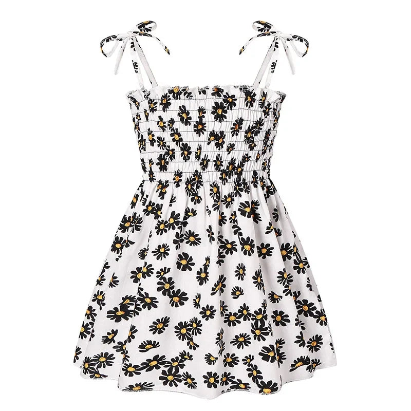 Plush girls' floral sundress - smocked bodice, polyester, for casual beach party