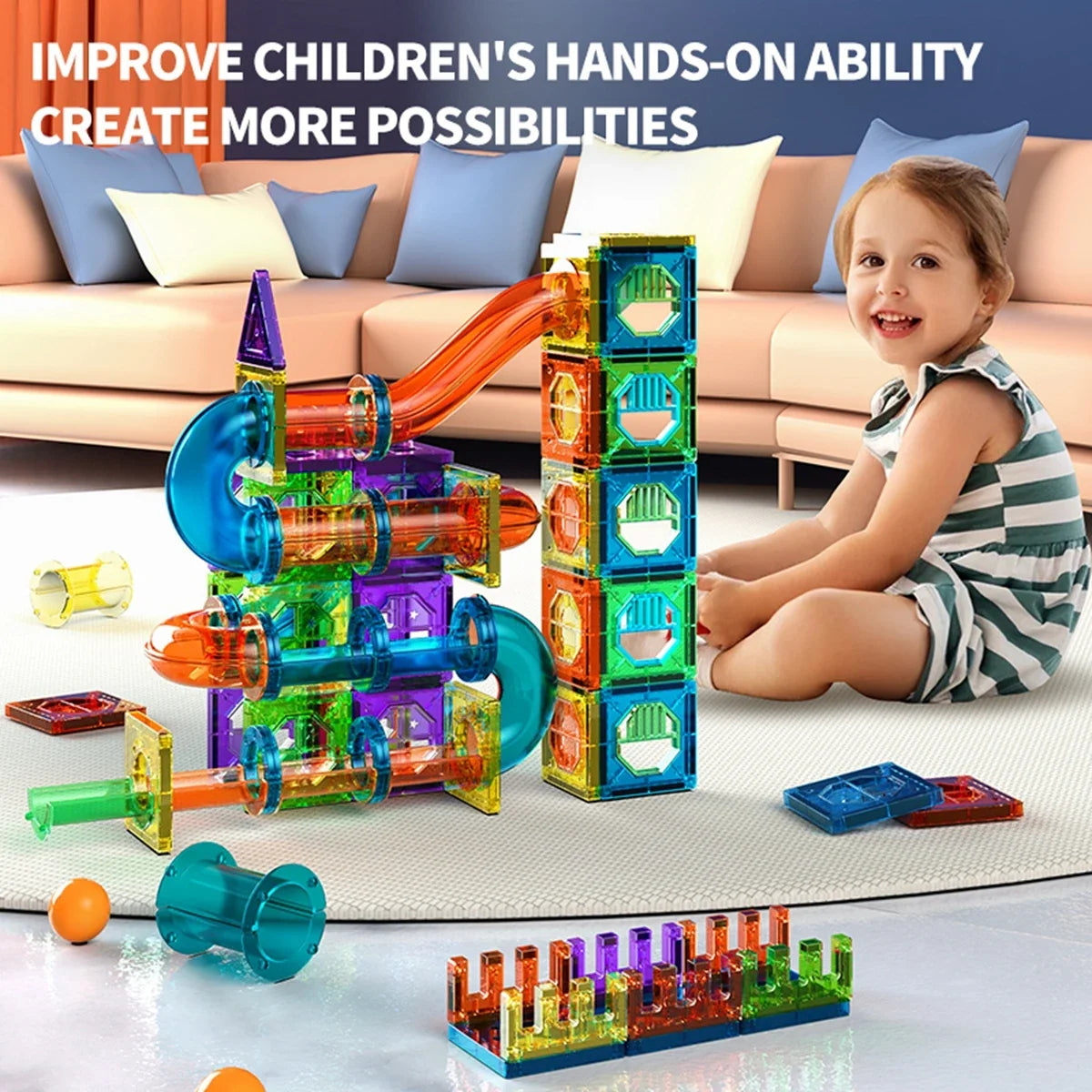 3D Magnetic Building Tiles for Kids - Clear STEM Educational Toys, Creative Marble Run Blocks Kit