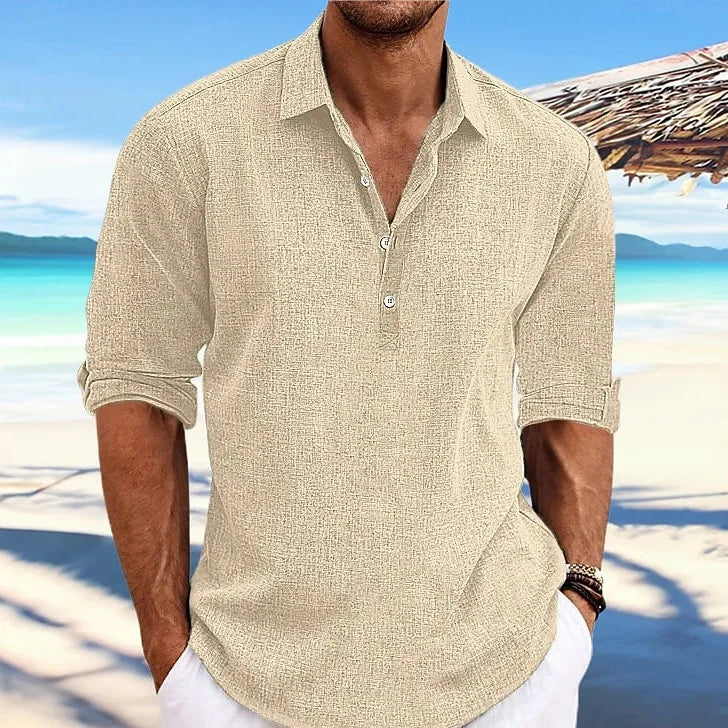 Linen Cotton Long Sleeve Casual Beach Shirt - Turn-Down Collar Social Blouse for Streetwear