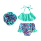 Plush girls' bikini swimsuit - halter-neck ruffle crop top, mermaid scale print, shorts, polyester, for summer vacation