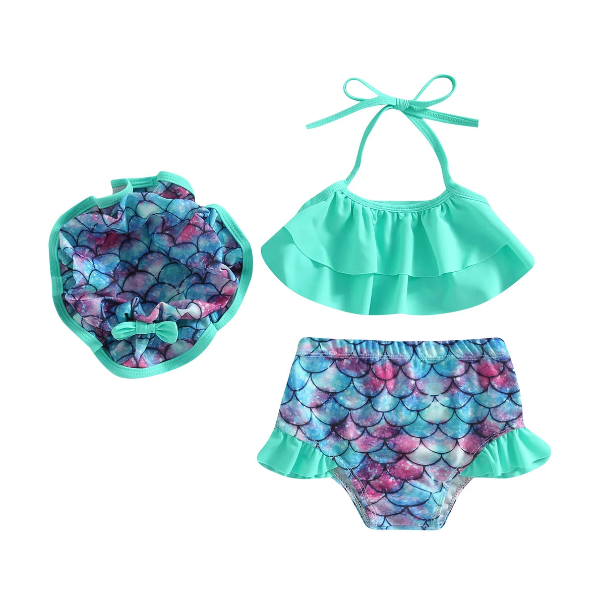 Plush girls' bikini swimsuit - halter-neck ruffle crop top, mermaid scale print, shorts, polyester, for summer vacation