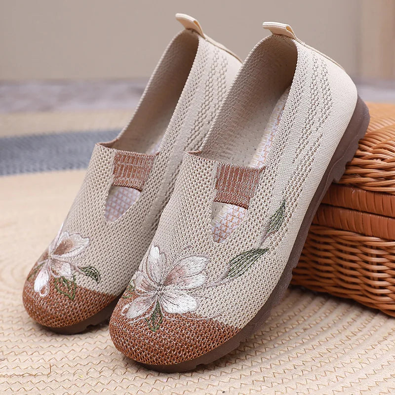 Women’s Breathable Flats - Slip-On Mesh, Embroidered
