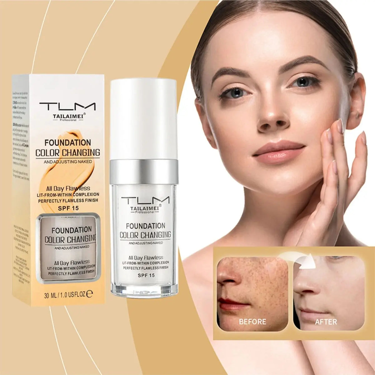 Color-Changing Liquid Foundation with SPF - Long-Lasting Water-Resistant Oil-Control Sunscreen Cream 30ml