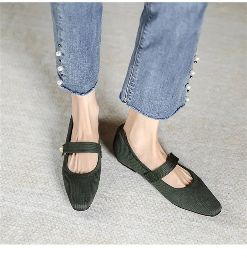 Women Stretchy Mary Jane Flats - Ribbed Knit For Spring