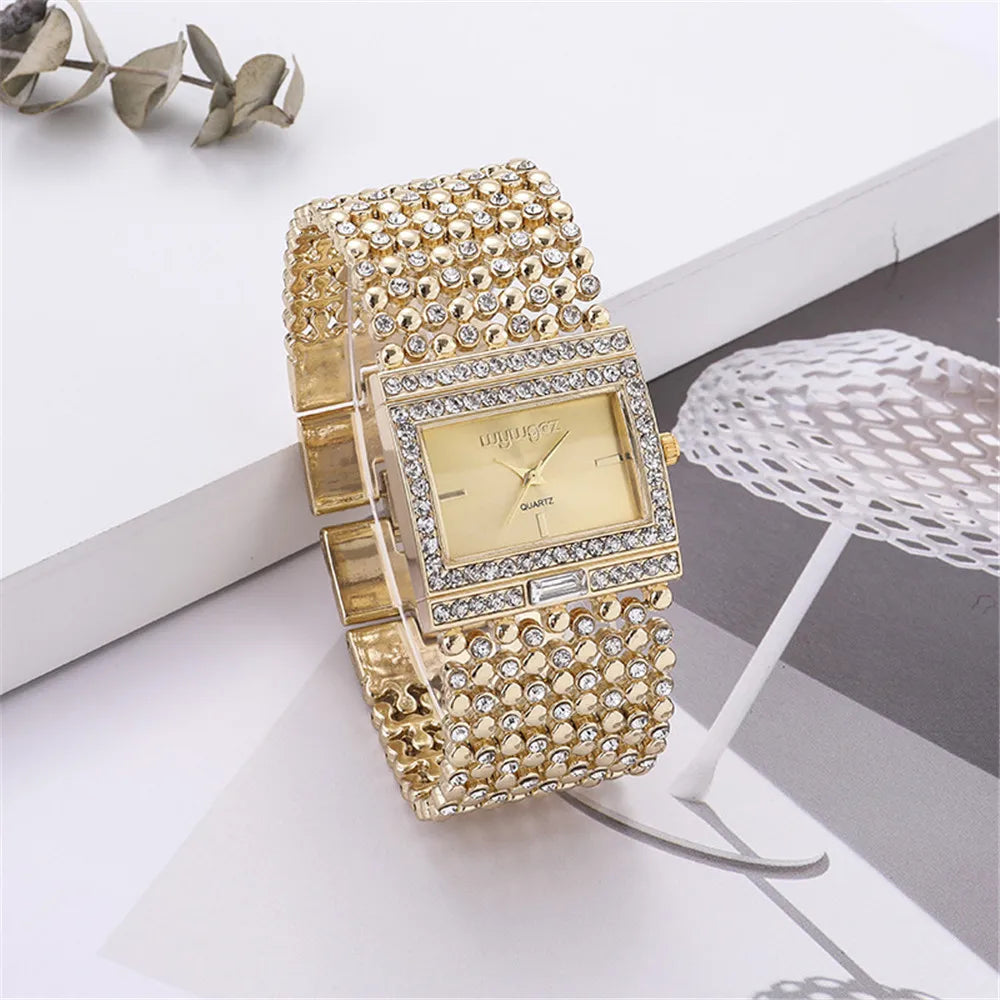 Diamond Kit Square Dial Ladies Quartz Wristwatch, Crystal Band, Fall 2026 Gift Idea – Gold Watch