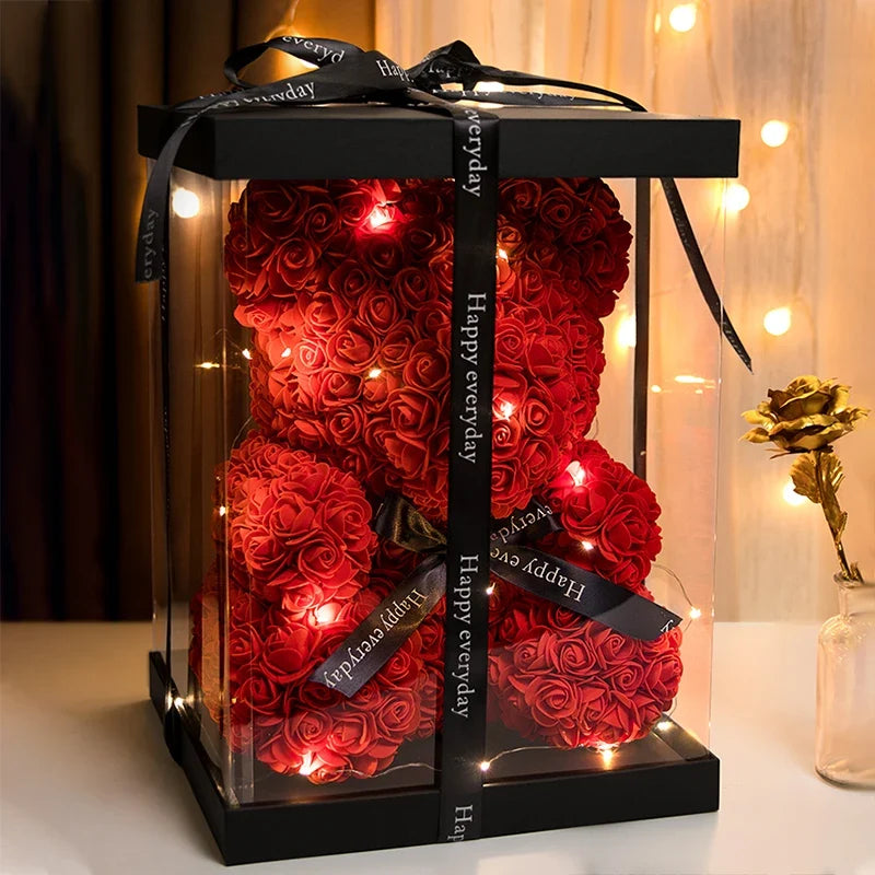 Rose Faux Teddy Bear with Gift Box and Lights - Romantic Anniversary or Valentine's Day Gift, Wedding Decor