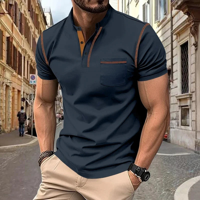 Fashion Summer European American Men's Casual Polo Shirt, Stand-Up Collar Top