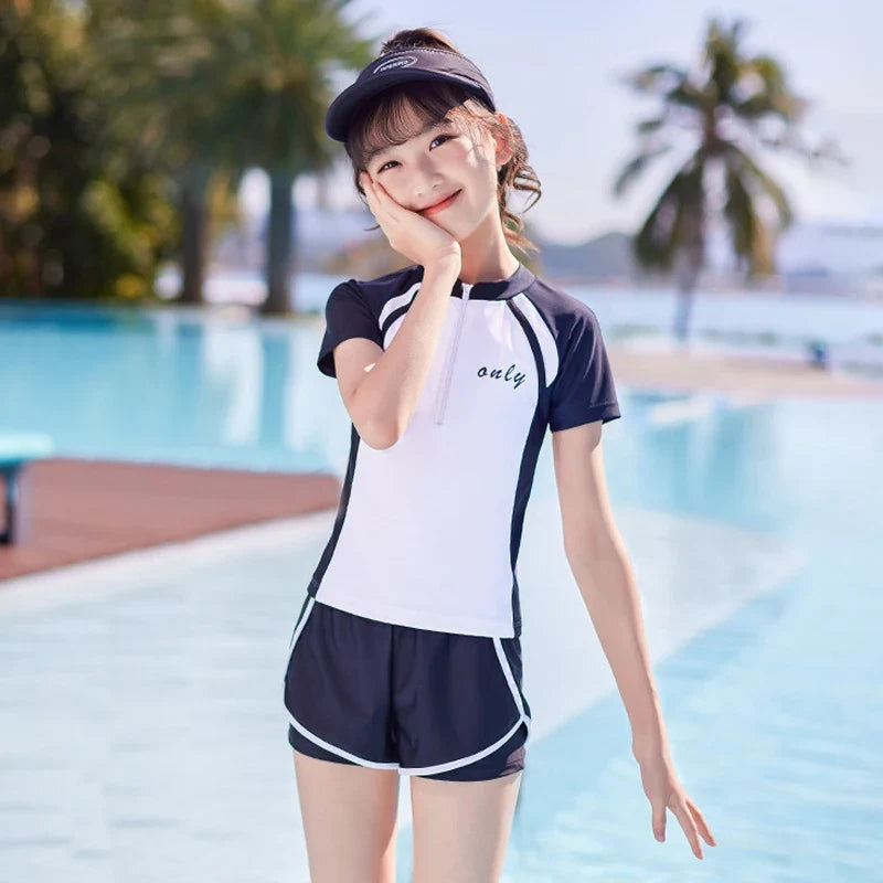 Fast-dry girls' two-piece swimsuit - zip-front rash guard top, nylon, for beach and pool