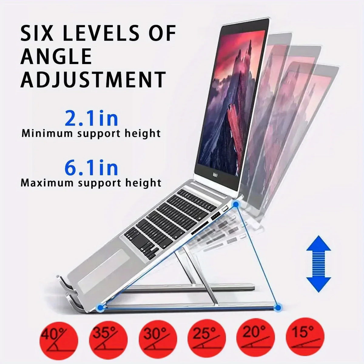 Travel-Friendly Flexible Aluminum Laptop Stand with Accessories - 6-Level Height, Anti-Slip Design, Enhanced Ventilation for 8-16" Laptops