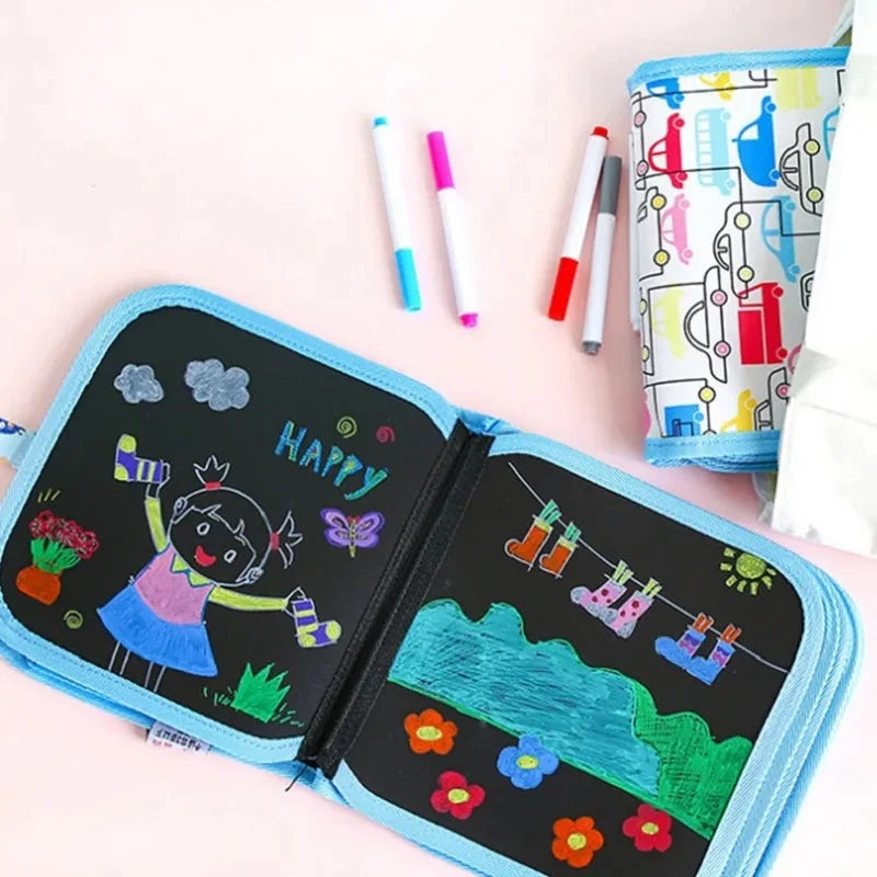 Magic 6-Sided Drawing Board for Kids - Educational Erase Board with 3 Chalk Pens, Transparent & Black Sides, Fun Coloring Activity