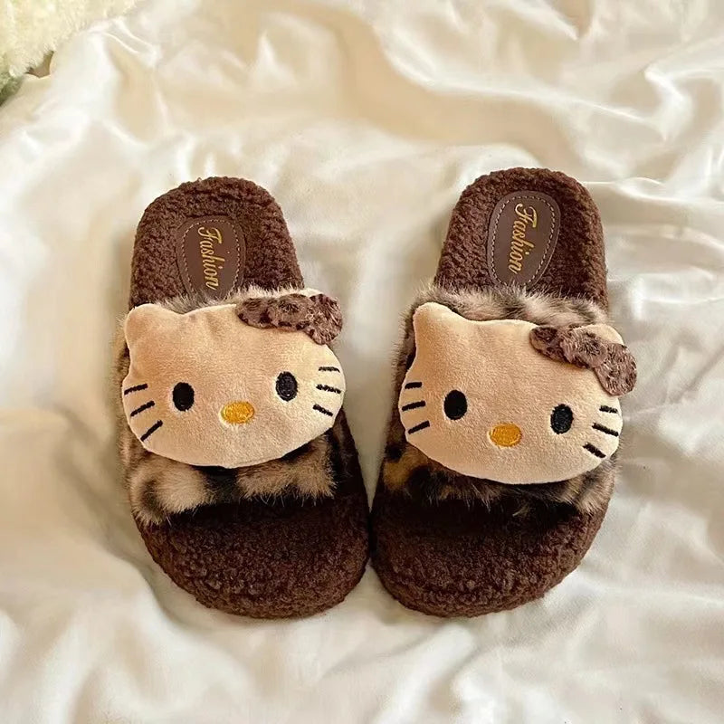 Plush girls' slippers - cozy leopard-print plush fur, polyester, indoor wear, gift