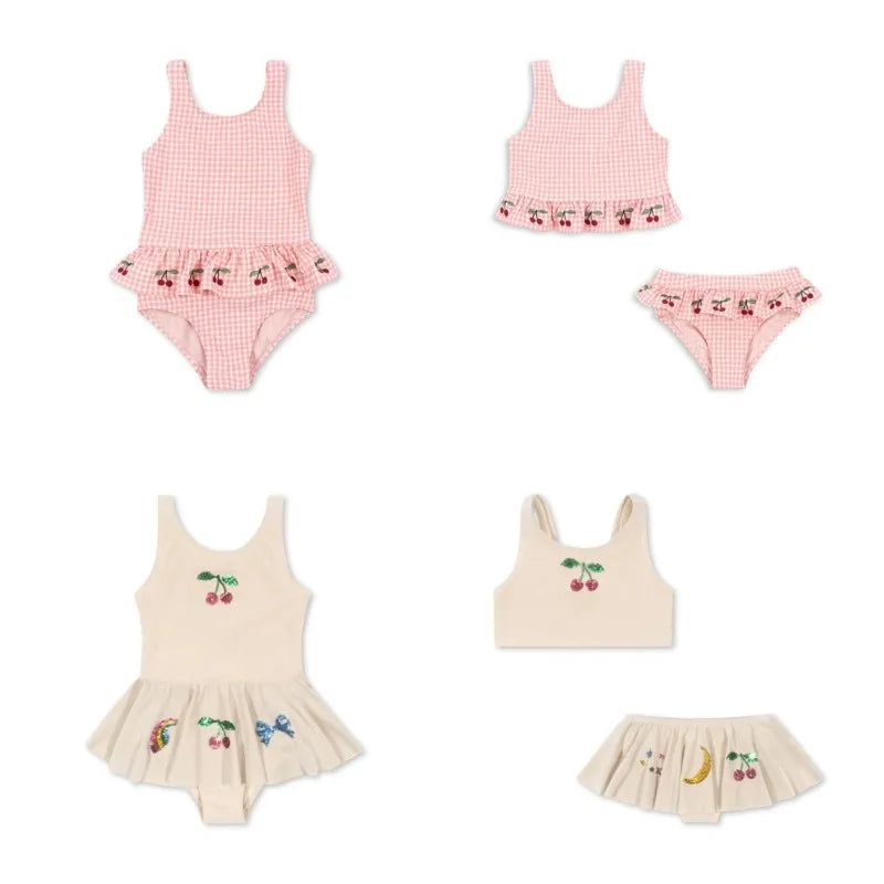 Fast-dry girls’ swimwear - checkered cherry print bikini set, nylon, for summer vacation