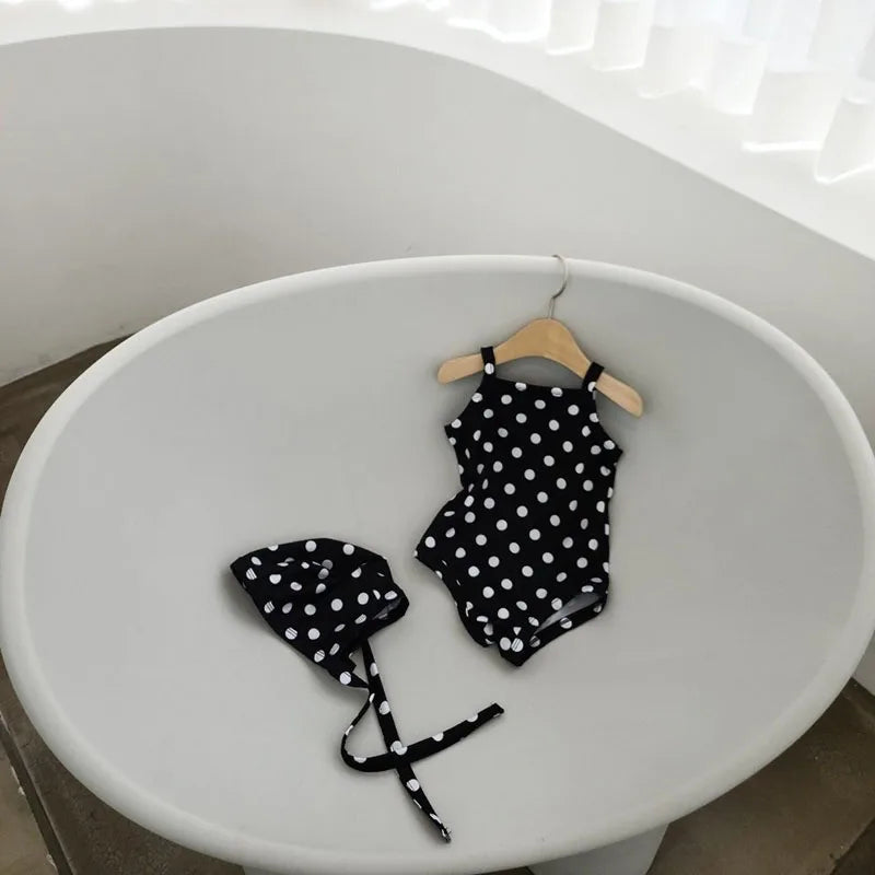 Light baby girls' one-piece swimsuit - polka-dot suspender style with hat, nylon, cozy for summer beach wear
