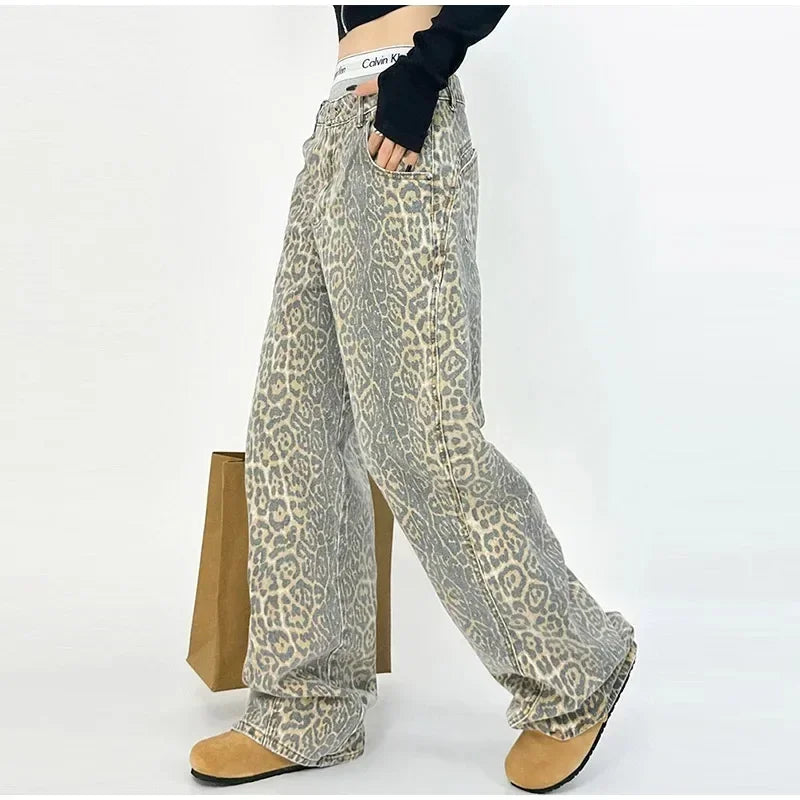 Variant image for High-Waisted Leopard Print Wide Leg Jeans for Women, Trendy Fit in S-XXL Sizes-5