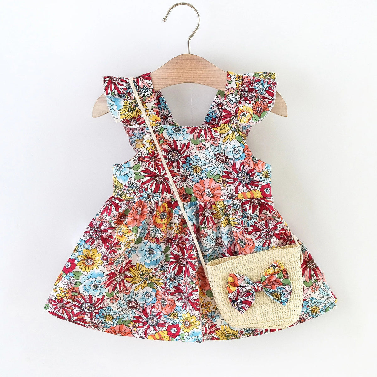 Plush Baby Girl Dress - Timeless Floral Flutter Sleeves, Polyester, With Crossbody Bag, For Ages 0-3
