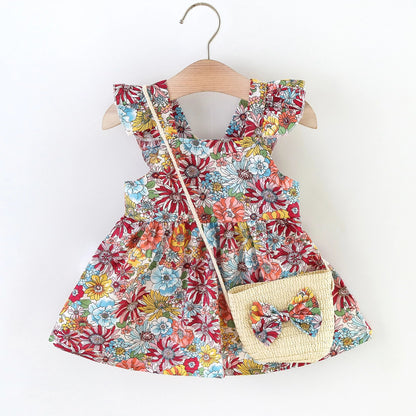 Plush Baby Girl Dress - Timeless Floral Flutter Sleeves, Polyester, With Crossbody Bag, For Ages 0-3