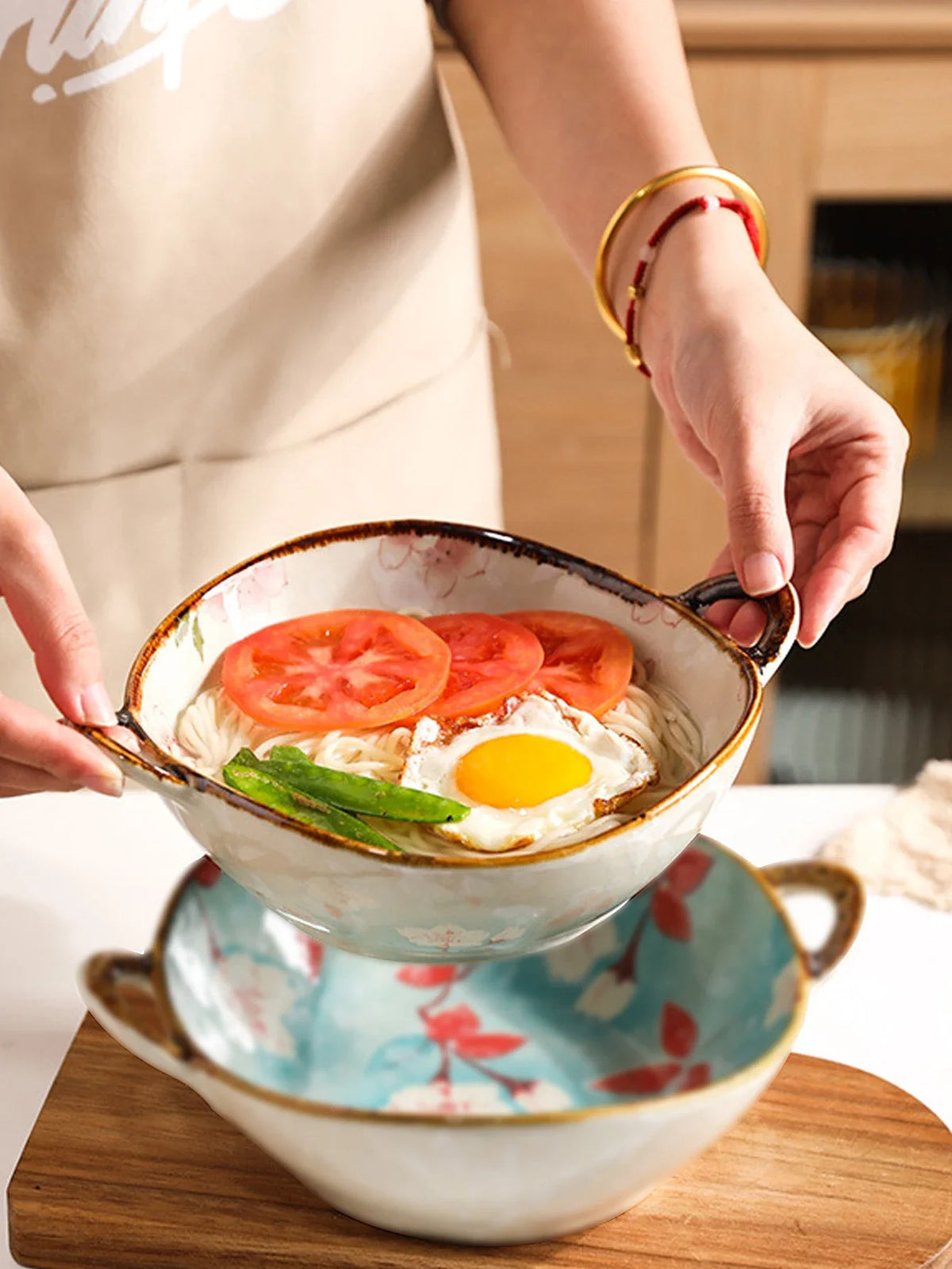 7.5 Ceramic Inch Noodle Bowl With Handles Floral Porcelain