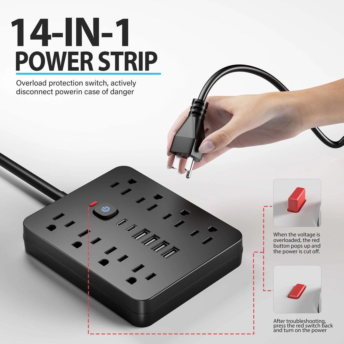 Power 14-in-1 Outlet Surge Protector, 8 AC & 4 USB, Extension Cord for Desktop Charging