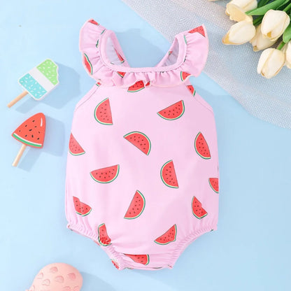 Halter-Neck Watermelon-Print, Polyester, For Summer Beach Days – Plush Sturdy Baby Girls’ Swimsuit