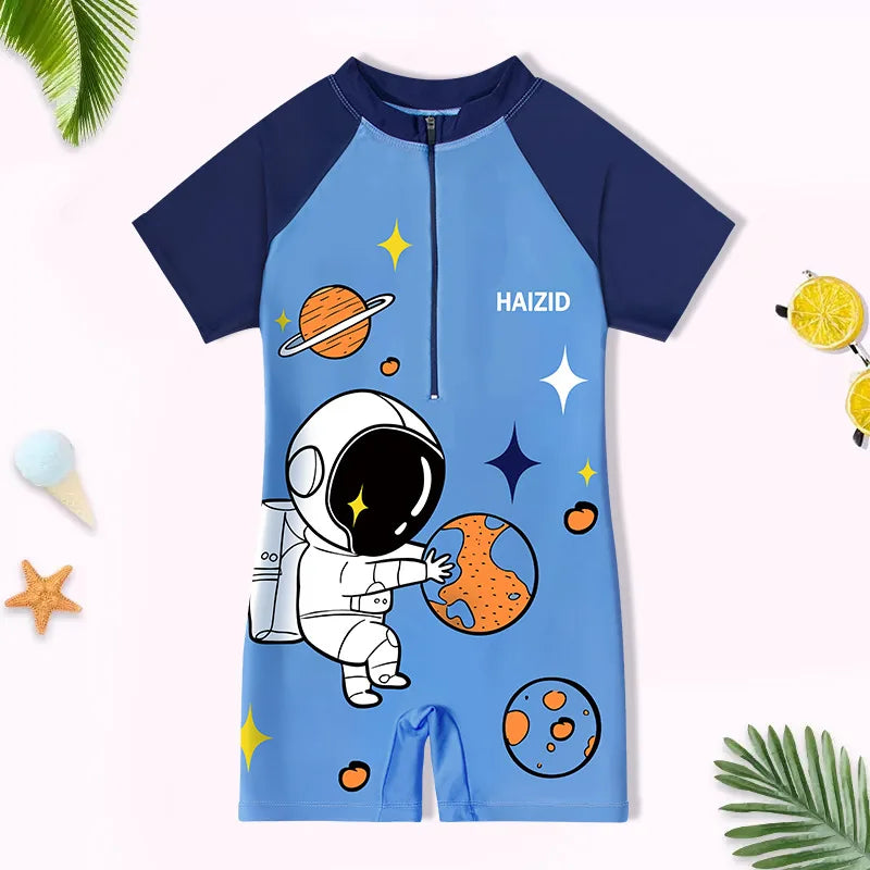 Fast-dry durable kids' one-piece swimsuit - cartoon print, polyester, for swimming