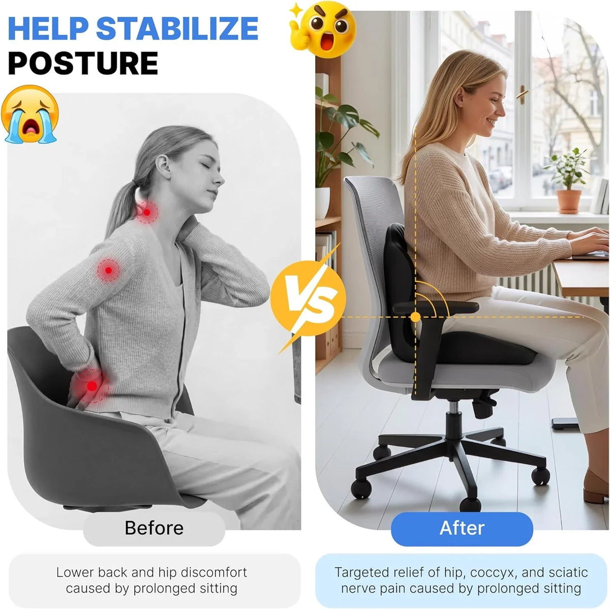 Comfort-Grip Lumbar Support for Office Chair and Car, Stress Relief – Memory Foam Seat Cushion