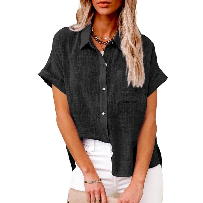 Shirt Linen Short Sleeve Casual Loose Fit Blouse Fresh Sweet Style Polyester Fabric