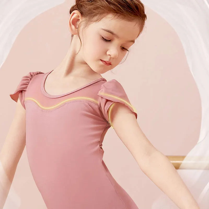 girls' Stretchy ballet leotard - short sleeve, back bow detail, cotton-elastane, for dance class