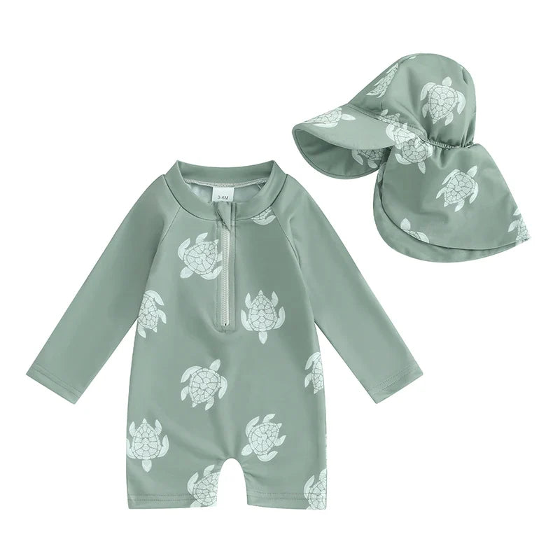 Light Toddler Boys Rash Guard Swimsuit - Long Sleeve, Turtle Print, Polyester, Beachwear