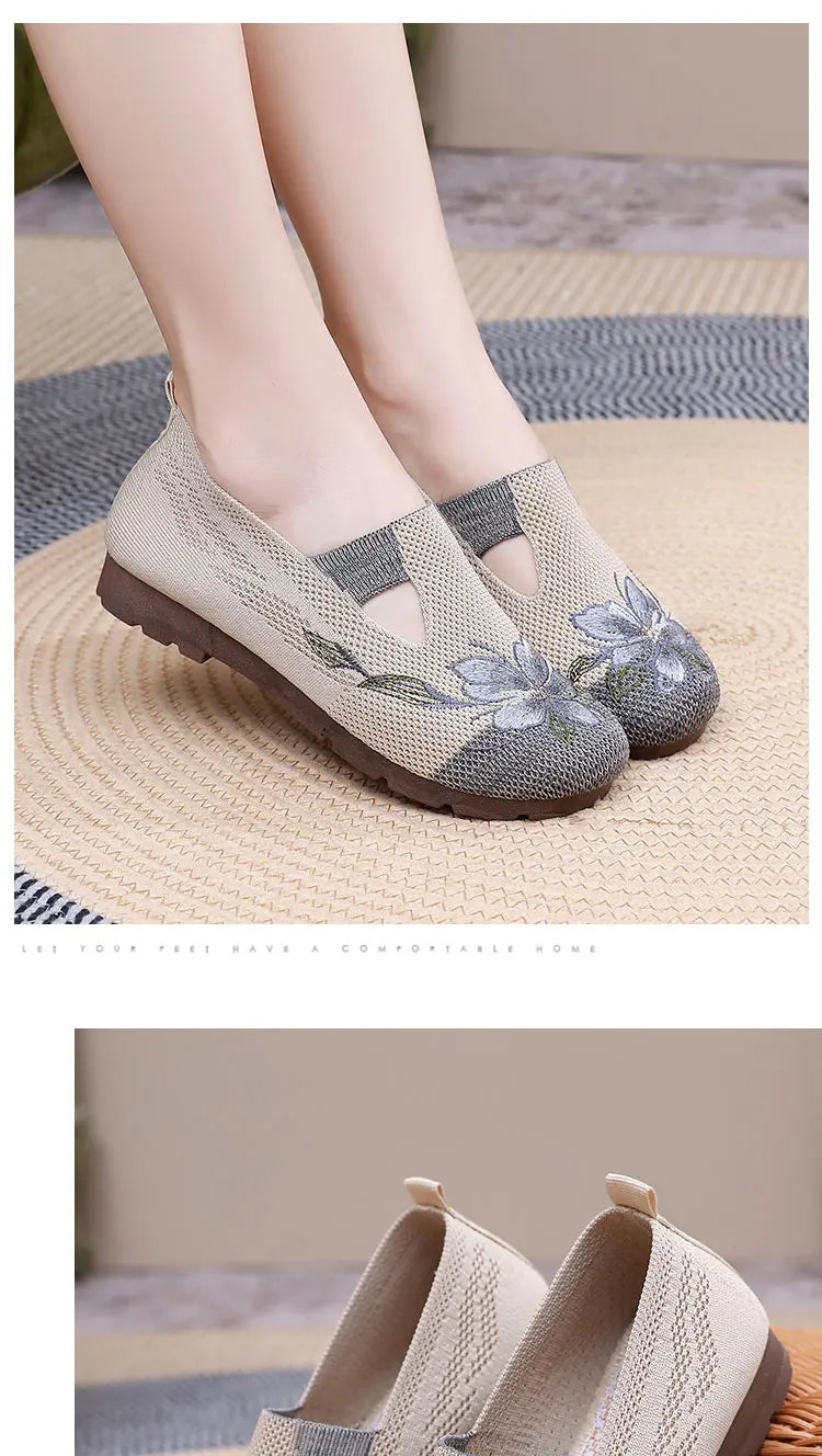 Women’s Breathable Flats - Slip-On Mesh, Embroidered