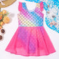 Mermaid-Scale Print, Ruffle Sleeves, Tulle, Polyester Elastane, Beach – Fast-Dry Sturdy Girls' One-Piece Swimsuit