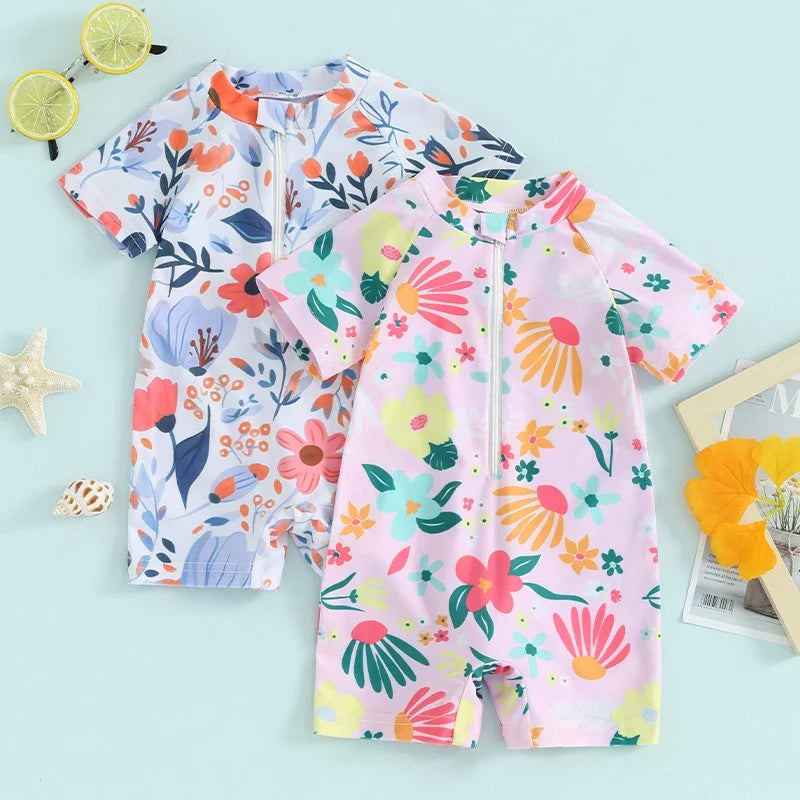 zip-front, short sleeve, floral print, polyester, for summer swimwear – Plush girls’ rash guard romper